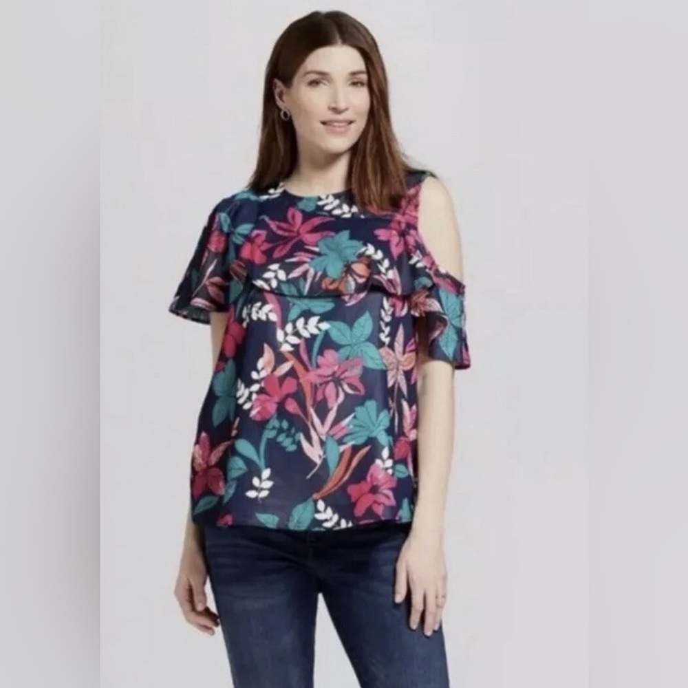 Isabel Maternity Floral One Shoulder Ruffle Top - S